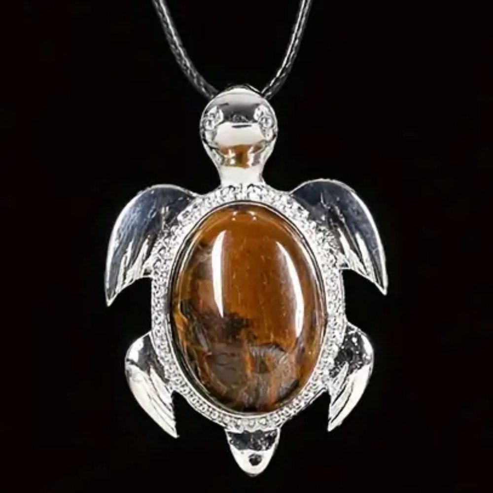 Tiger Eye Natural Gemstone Turtle Pendant Necklace Healing Gemstone Pendant